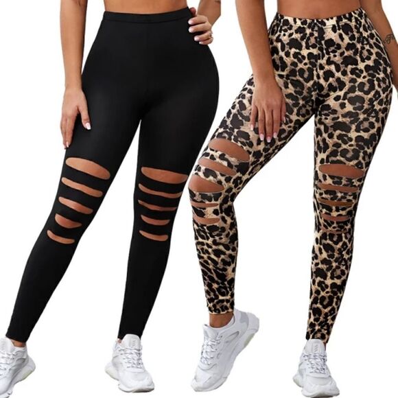 Ripped Cutout Front High Waist Leggings - Picture 1 of 5